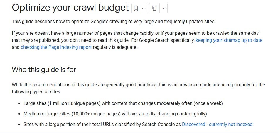Google crawling infrastructure guide Optimize your crawl budget, listing who the guide is for: sites with a million or more pages, sites with 10,000 or more pages that change daily, and sites with many URLs not indexed