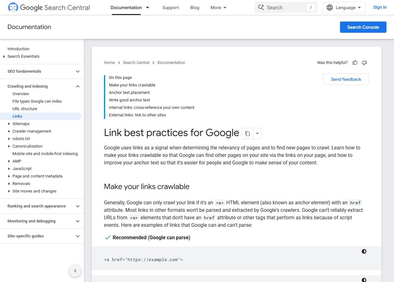 Google Search Central documentation page titled Link best practices for Google, with sections on crawlable links, anchor text placement, writing good anchor text and internal links