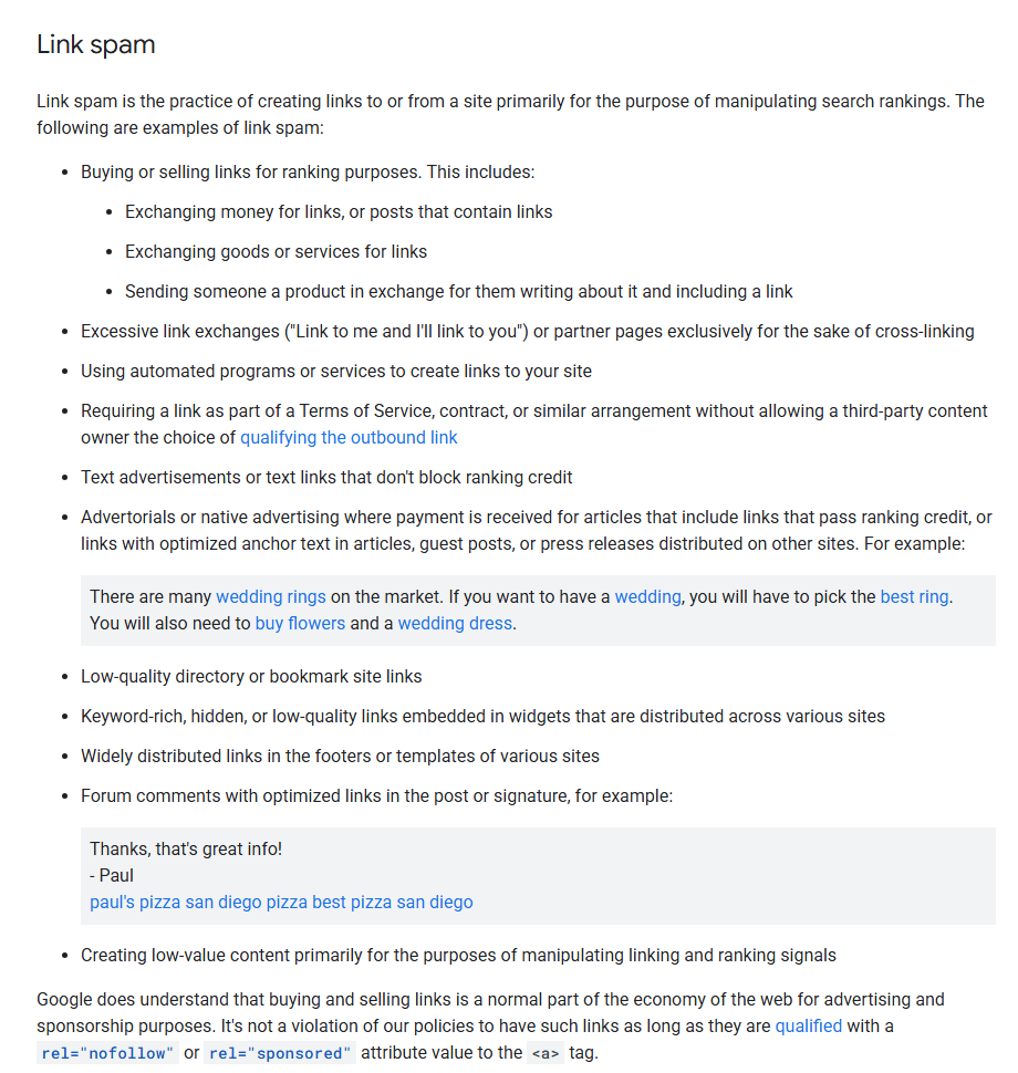 Google Search Central link spam policy excerpt listing buying or selling links for ranking, excessive link exchanges, automated link creation, and the note that links are acceptable when qualified with nofollow or sponsored