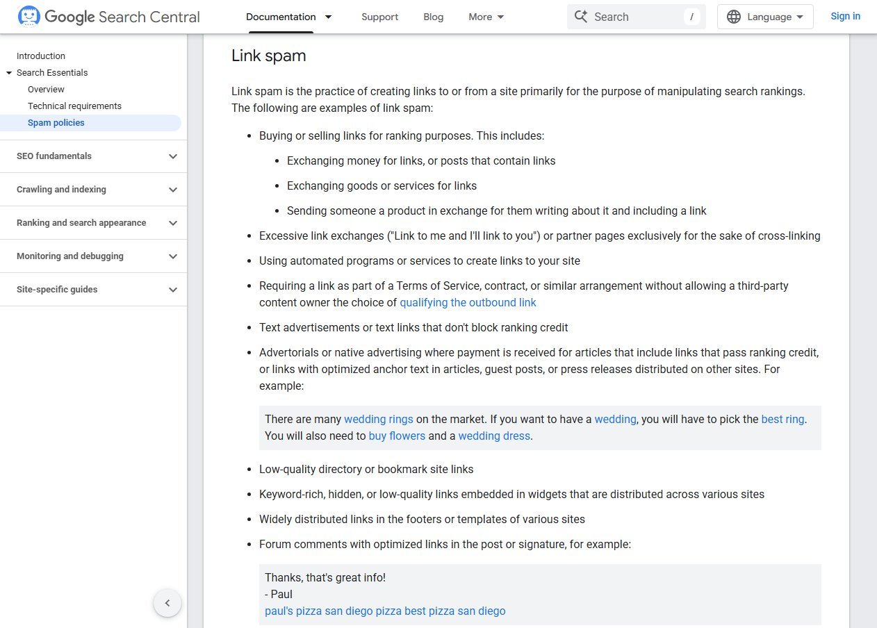 Google Search Central spam policies page showing the Link spam section with its list of examples such as buying or selling links, excessive link exchanges and automated link creation