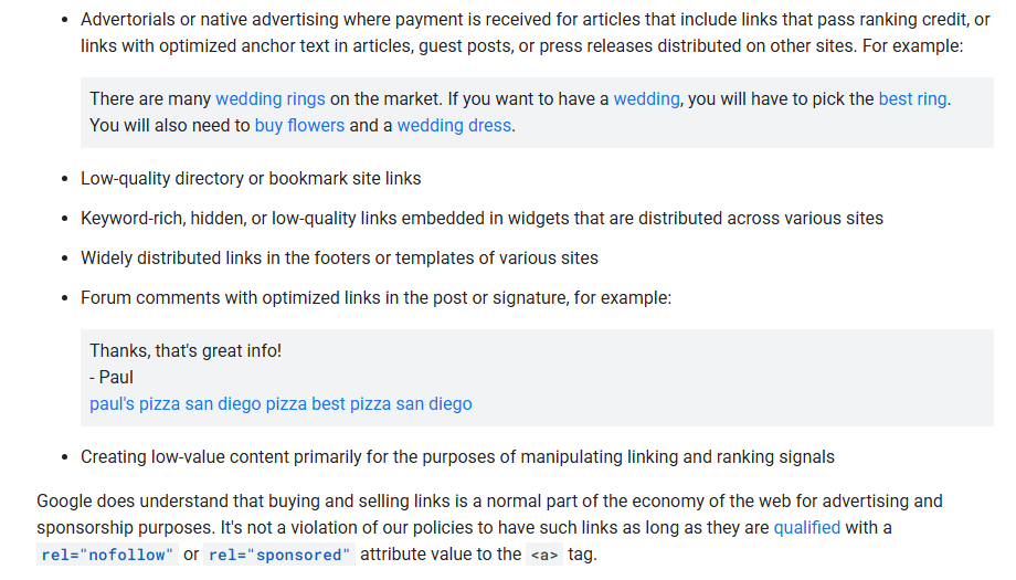Google Search Central link spam policy excerpt: advertorials with paid links that pass ranking credit, low-quality directory links, widget and footer links, and the note that links are acceptable when qualified with rel nofollow or sponsored