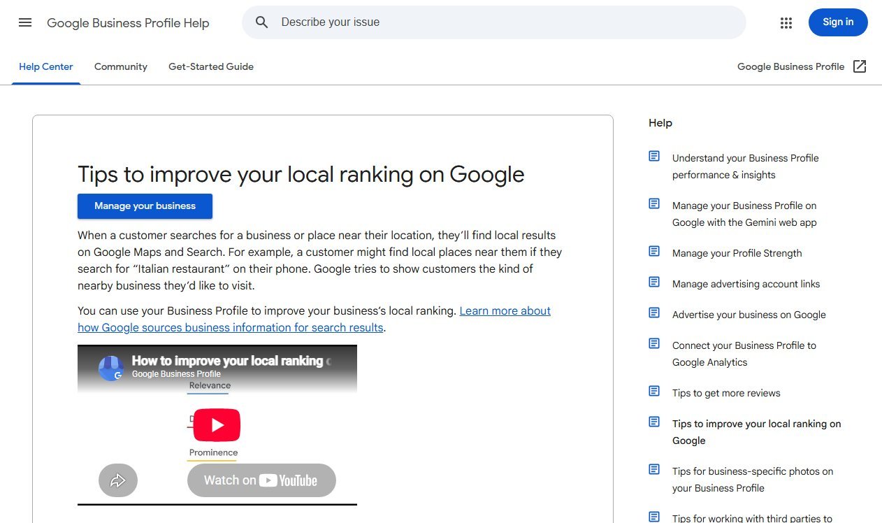 Google Business Profile Help page titled Tips to improve your local ranking on Google
