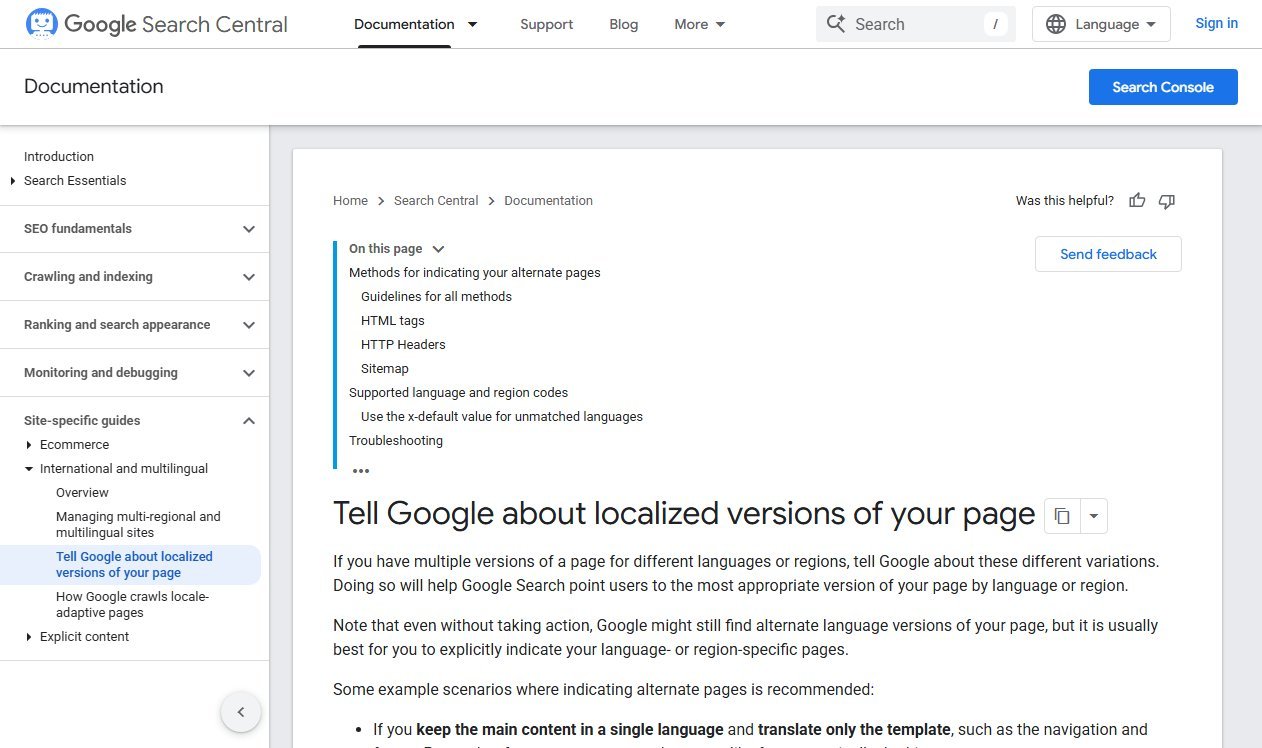 Google Search Central documentation page titled Tell Google about localized versions of your page