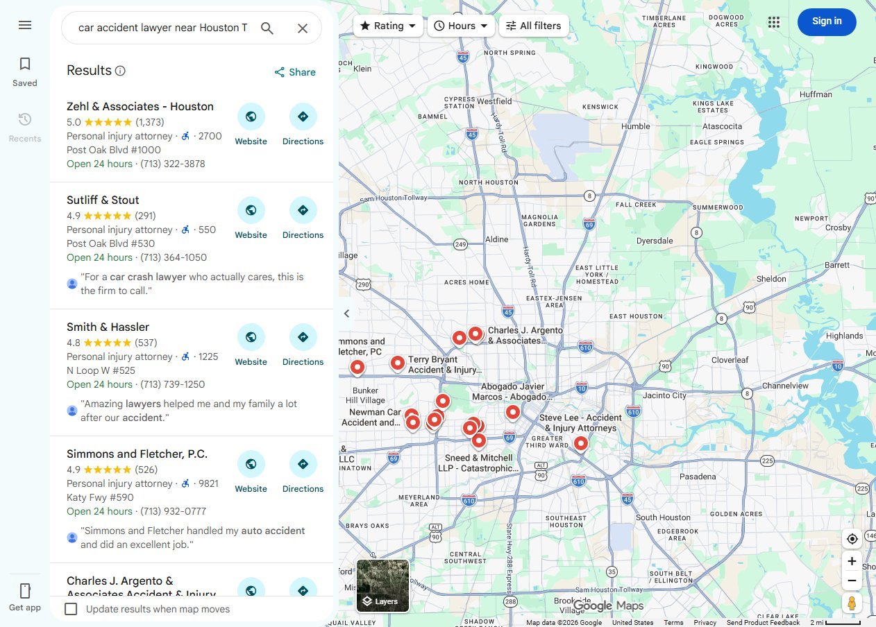 Google Maps results for car accident lawyer near Houston TX showing personal injury attorney listings with star ratings, review counts, open hours, phone numbers and review snippets beside a map of office locations
