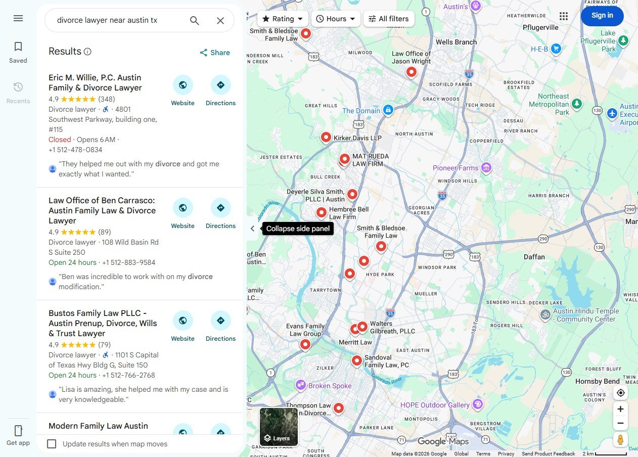 Google Maps results for divorce lawyer near Austin Texas showing law firm listings with star ratings, review counts, practice labels, addresses and a map of office locations