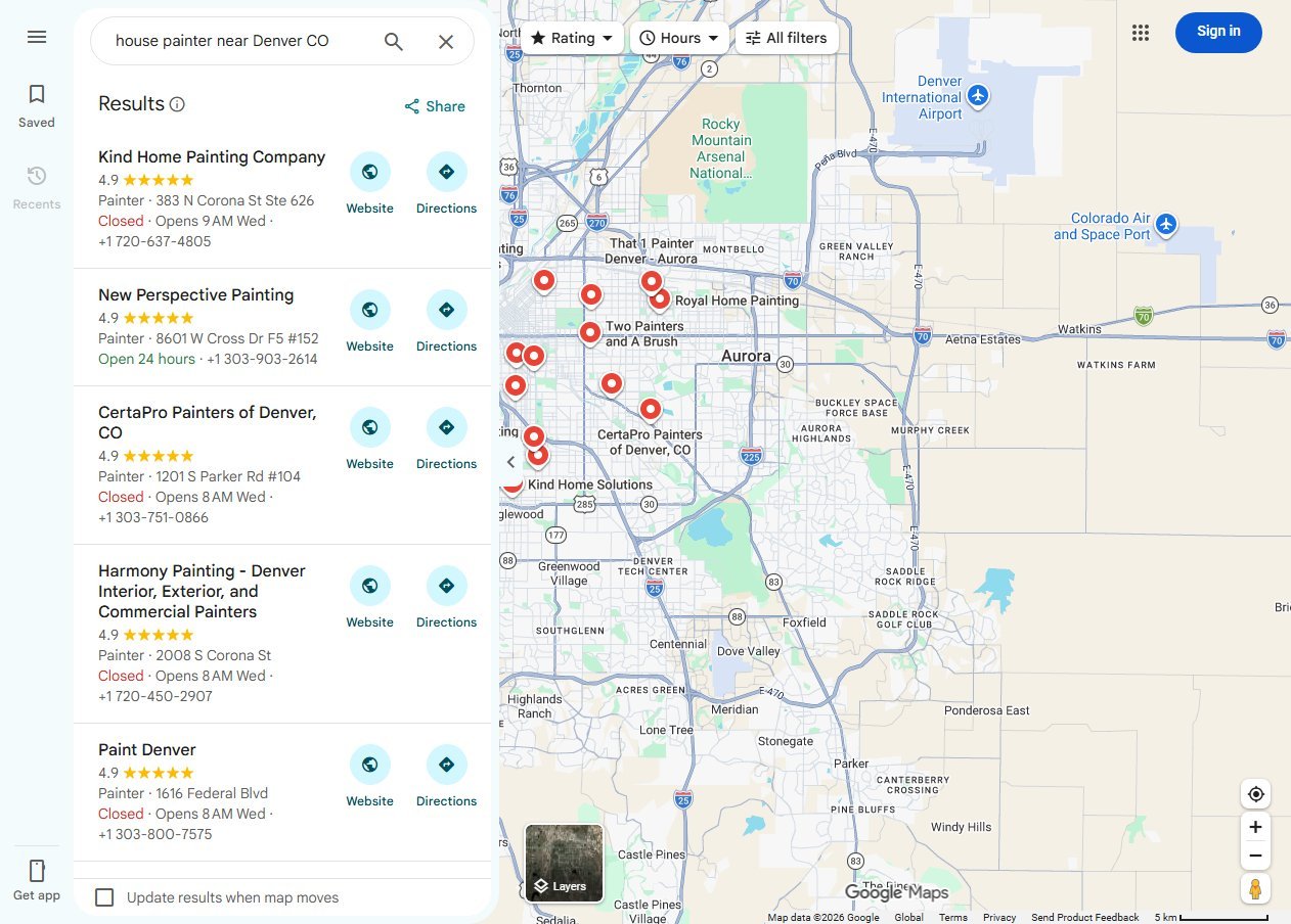Google Maps results for house painter near Denver CO showing painter listings with star ratings, the Painter category label, addresses, phone numbers, website and directions buttons, and map pins across the metro area