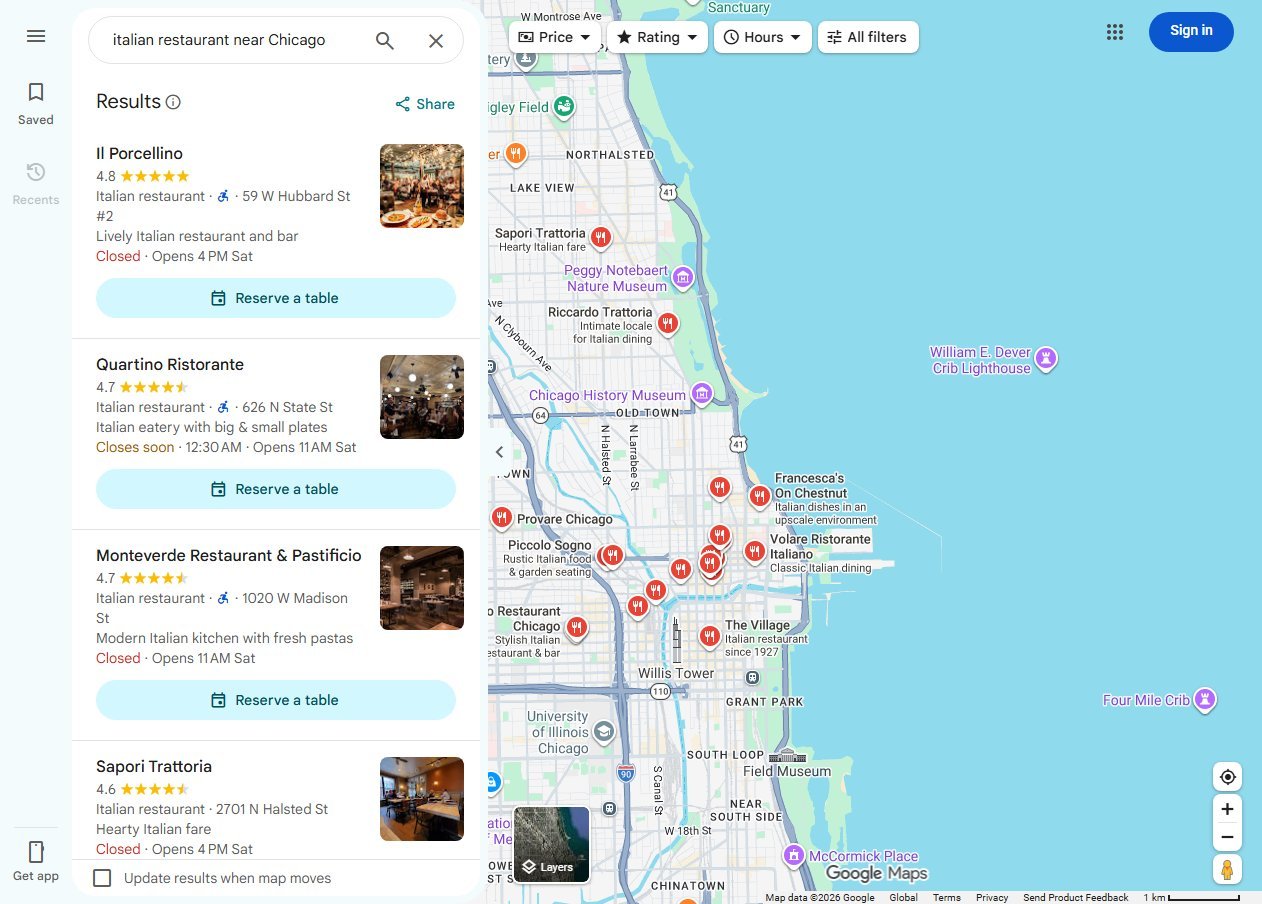 Google Maps results for italian restaurant near Chicago listing restaurants with star ratings, the Italian restaurant category, addresses, opening status, photos and Reserve a table buttons beside a map of pins