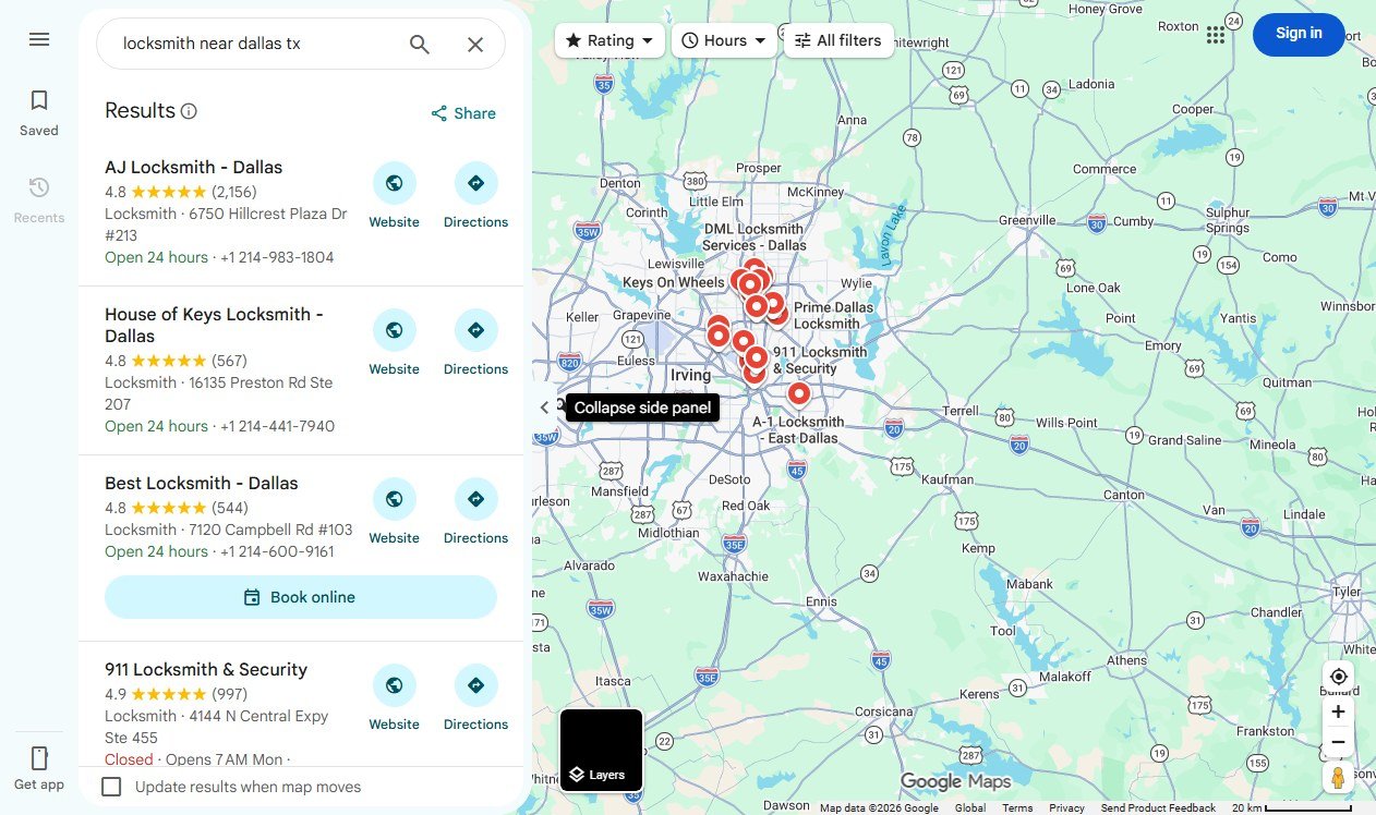 Google Maps results for locksmith near Dallas Texas showing business listings with clean names, ratings and hours