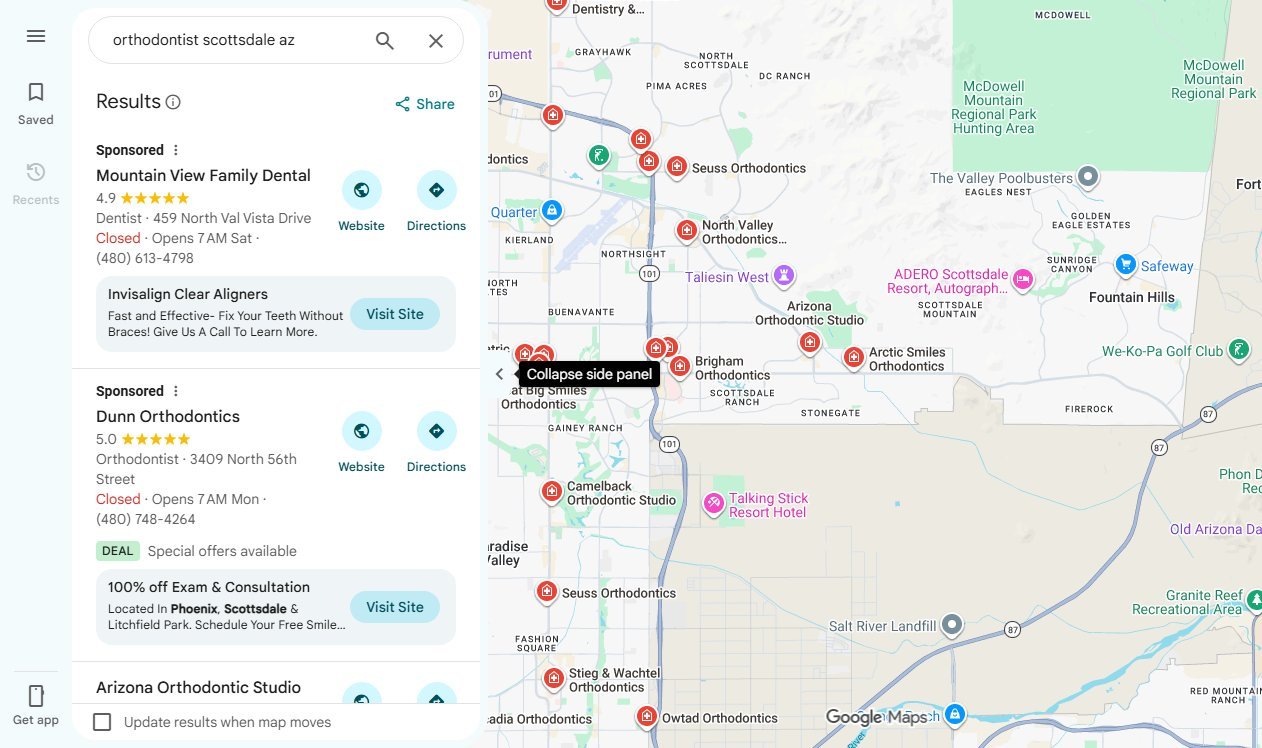 Google Maps results for orthodontist in Scottsdale Arizona showing two sponsored listings above the organic map results