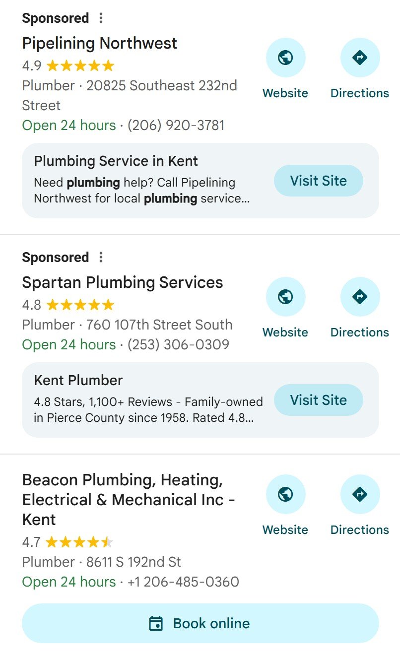 Google Maps results list for the search plumber in Kent WA showing two sponsored plumbers followed by organic listings with ratings, categories, hours and website and directions buttons