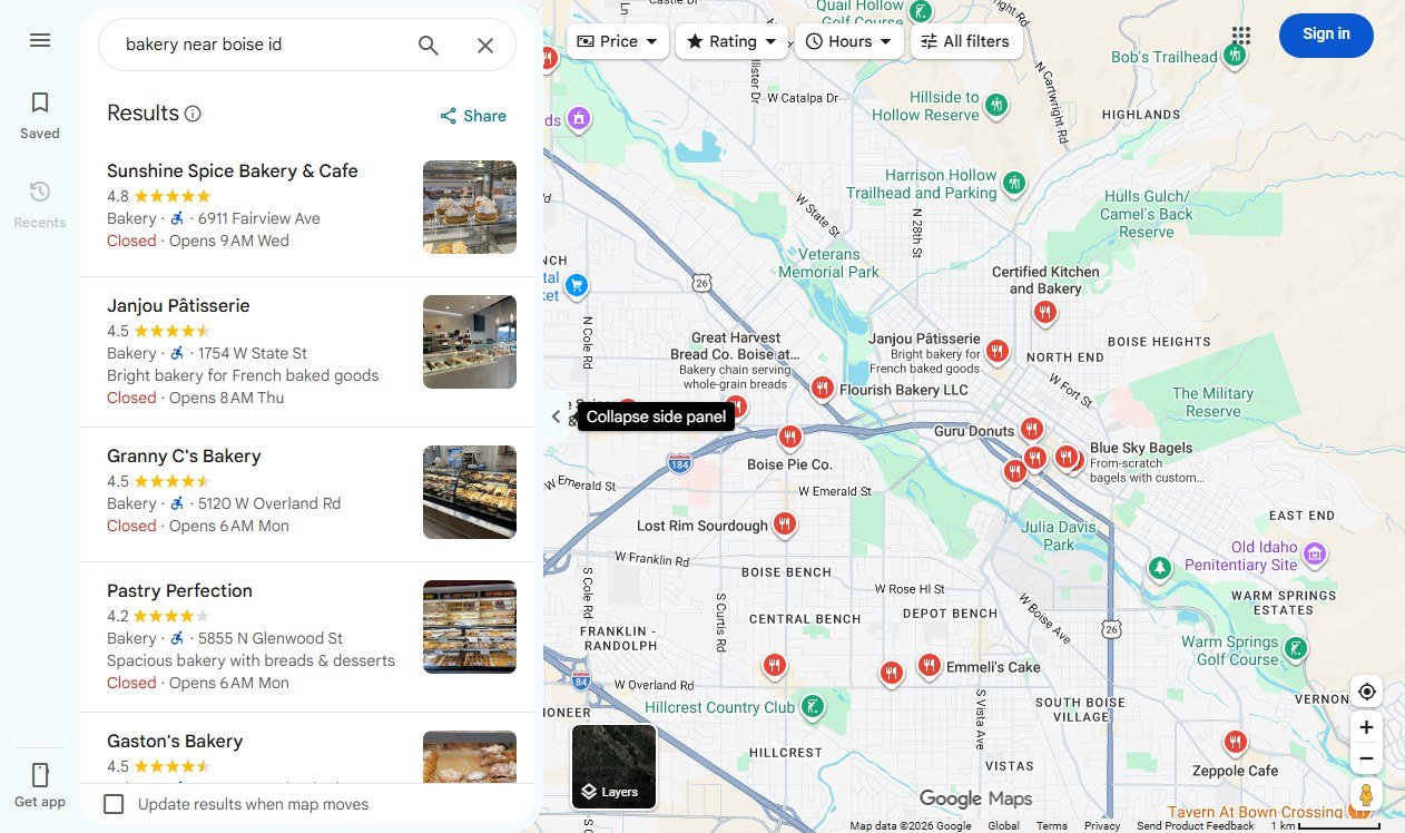 Google Maps results for bakery near Boise Idaho showing small business listings with photos, ratings and short descriptions
