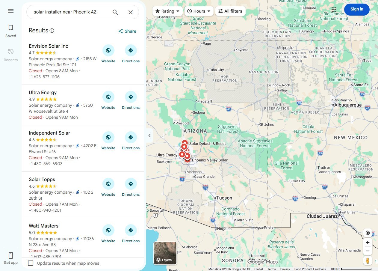 Google Maps results for solar installer near Phoenix AZ listing companies with star ratings, solar energy company category labels, addresses, opening hours and map pins across the Phoenix area