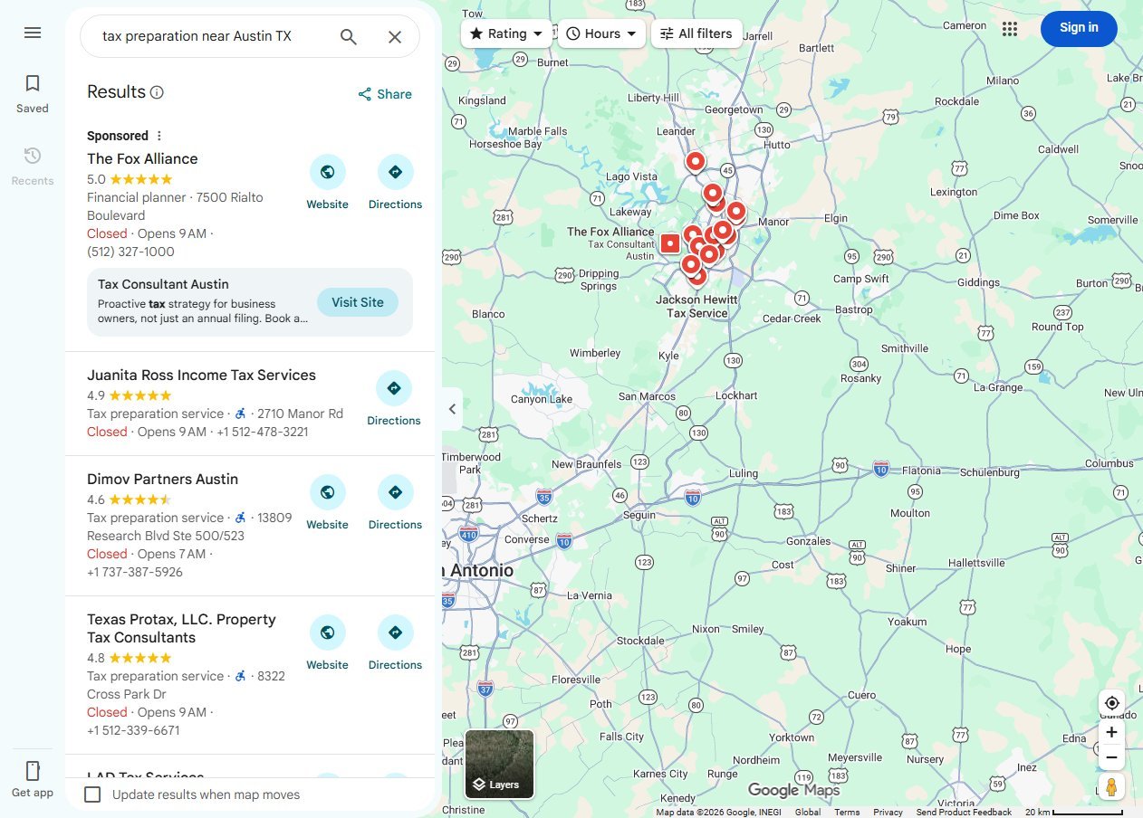 Google Maps results for tax preparation near Austin Texas showing listings labelled Tax preparation service with star ratings, addresses and opening hours beside a map of the area