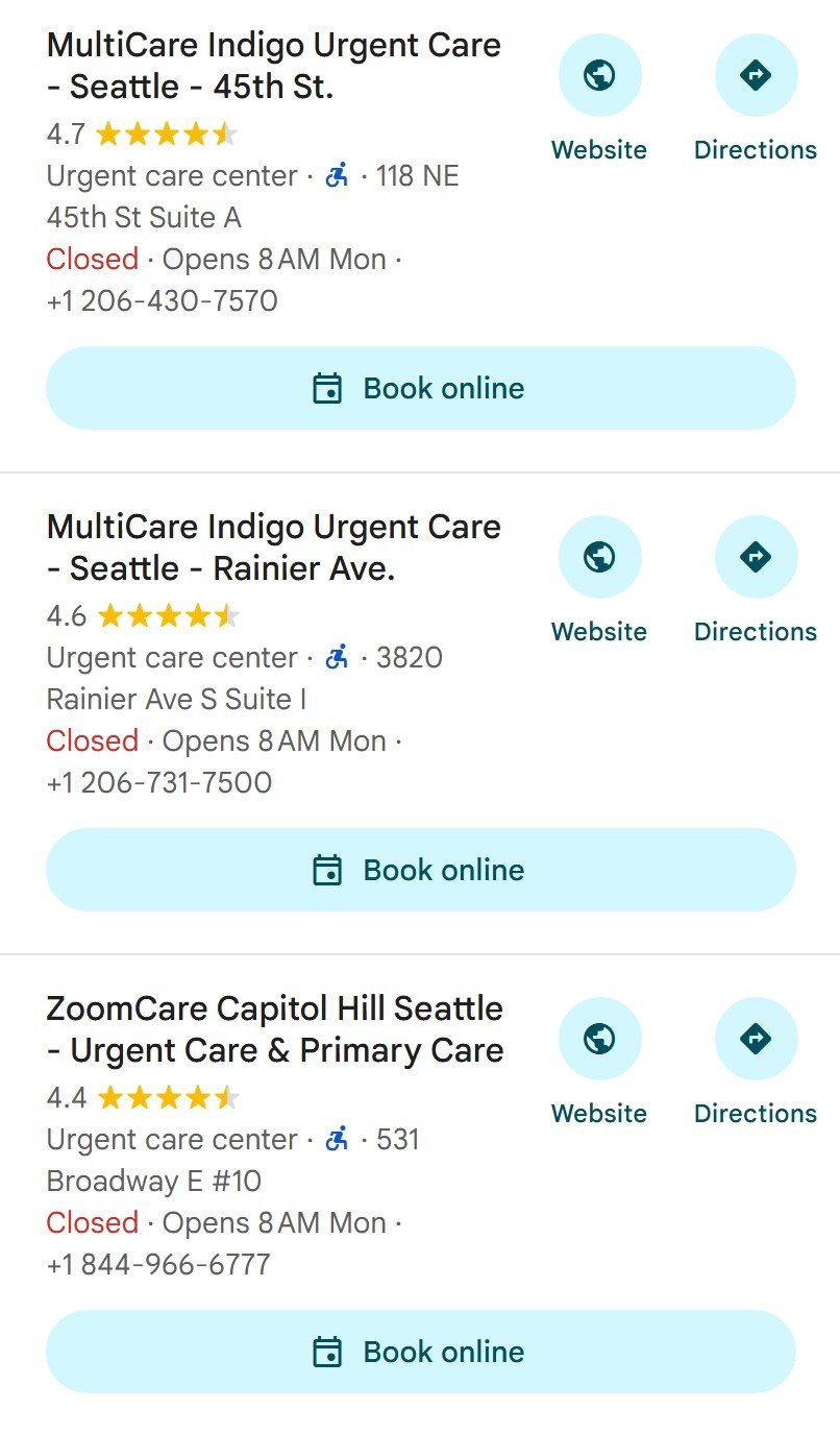 Google Maps results list for urgent care in Seattle WA showing separate listings for different branches of the same clinic brands, each with its own rating, address, hours and Book online button