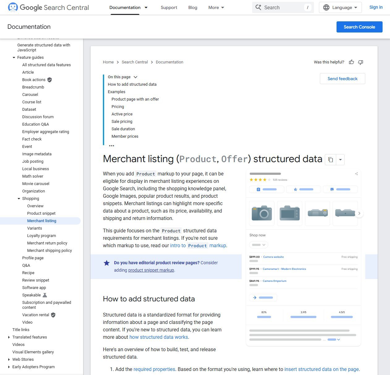 Google Search Central documentation page for merchant listing Product and Offer structured data, showing the product listing example and the navigation for shopping features