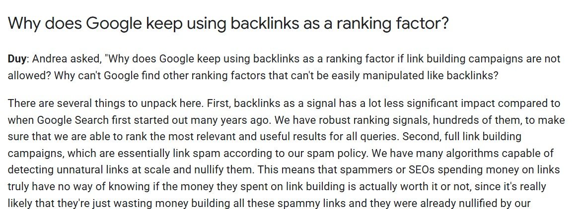 Google Search Central office hours transcript from November 2022 answering why Google keeps using backlinks, saying backlinks as a signal have a lot less impact than when Google started and that link building campaigns are essentially link spam