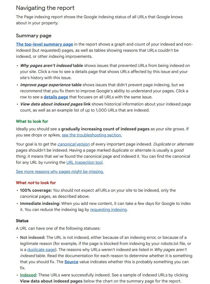 Search Console Help page for the Page indexing report, explaining the summary page tables, what to look for and the not indexed and indexed statuses