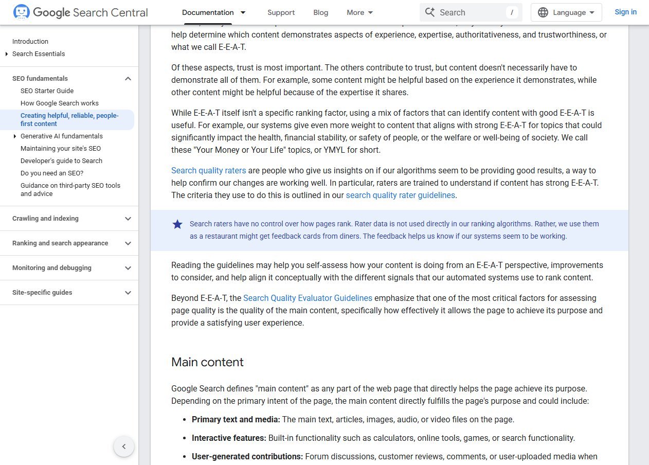 Google Search Central page on creating helpful, reliable, people-first content showing the section explaining E-E-A-T and why trust is the most important aspect