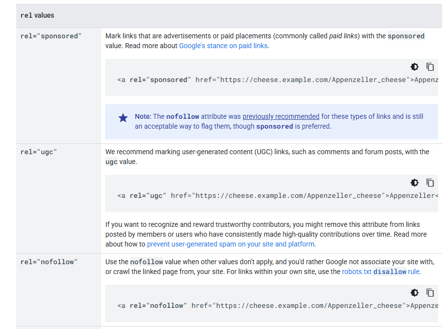 Google Search Central excerpt on rel values: sponsored for advertisements and paid placements, ugc for user-generated content such as comments and forum posts, and nofollow when other values do not apply