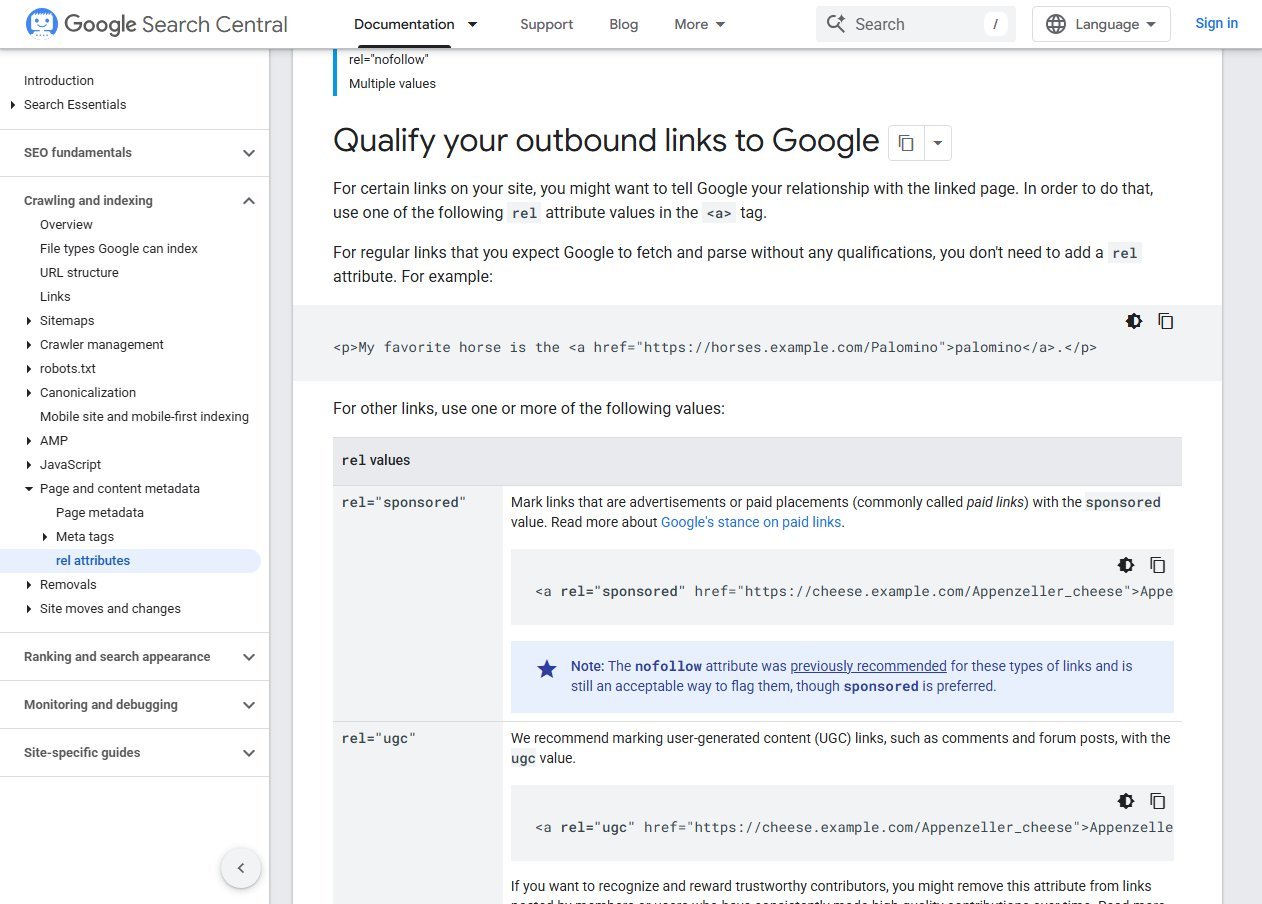Google Search Central page titled Qualify your outbound links to Google, showing the rel attribute table with the sponsored and ugc values and a note that nofollow is still acceptable