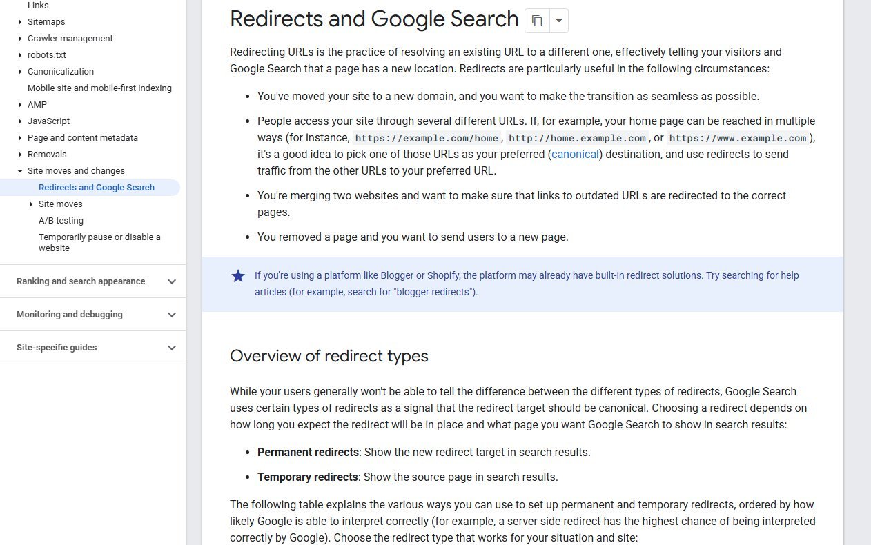 Google Search Central page titled Redirects and Google Search, explaining that permanent redirects show the new target in results and temporary redirects show the source page