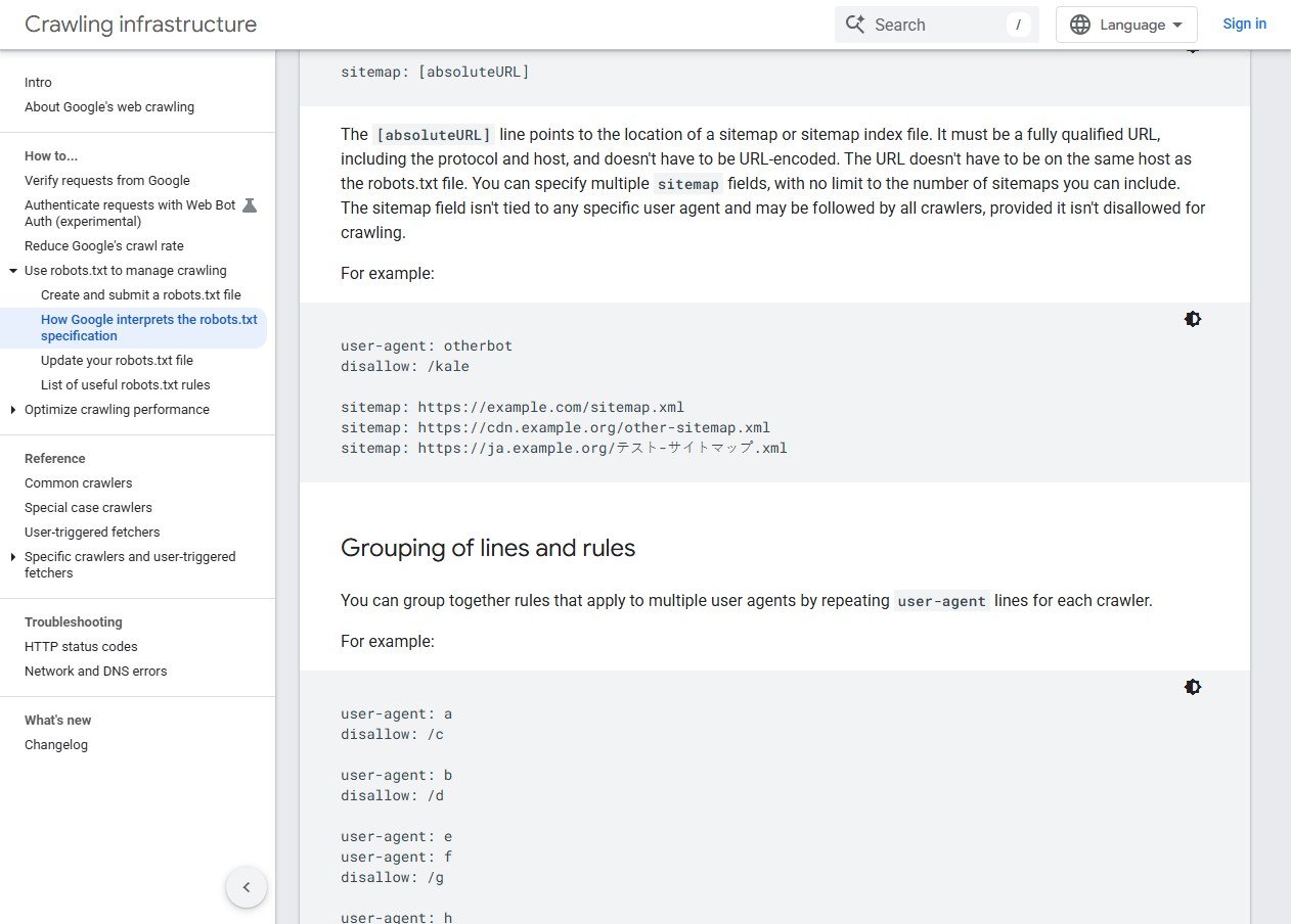 Google's robots.txt specification documentation showing the Sitemap field must be a fully qualified absolute URL, does not have to be on the same host, and can appear multiple times