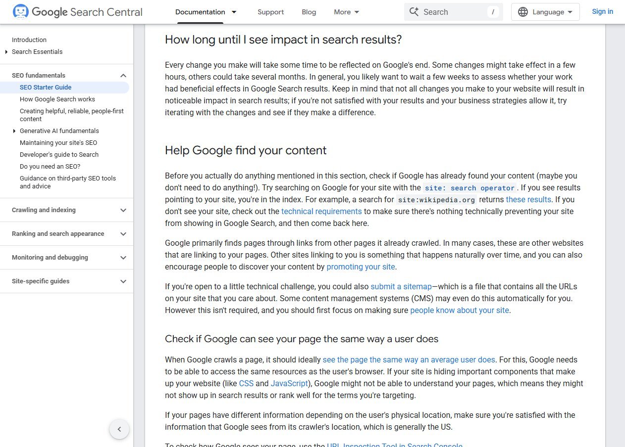 Google SEO Starter Guide section titled How long until I see impact in search results, stating that changes can take a few hours or several months to be reflected