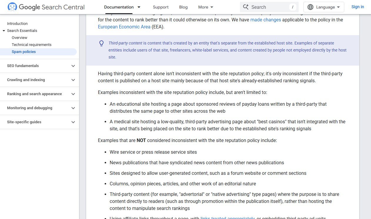 Google Search Central spam policies page defining third-party content and naming white-label services as an example