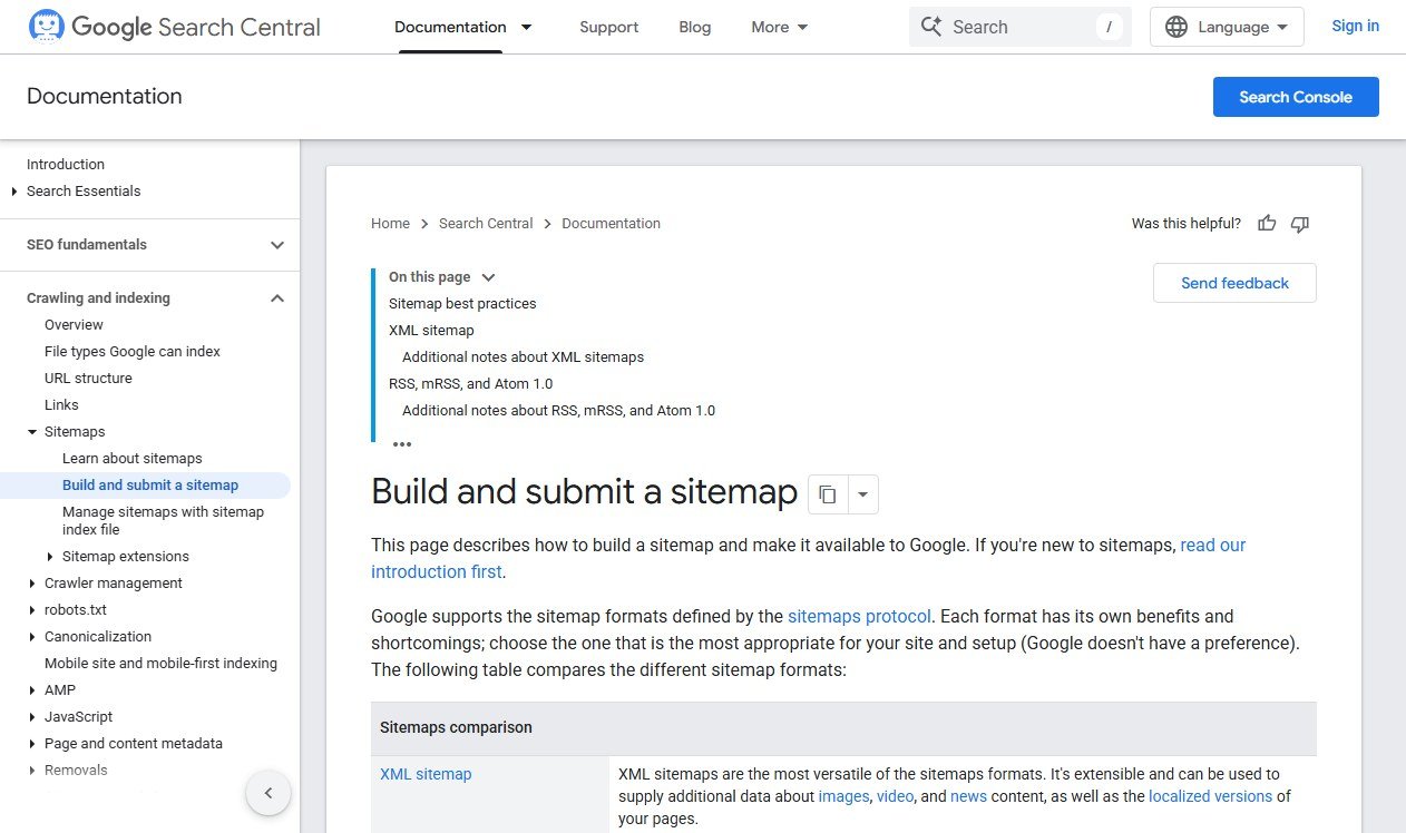 Google Search Central documentation page on building a sitemap