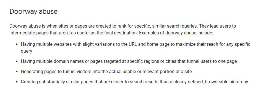 Google Search Central spam policies page showing the Doorway abuse section with examples such as pages targeted at specific regions or cities that funnel users to one page