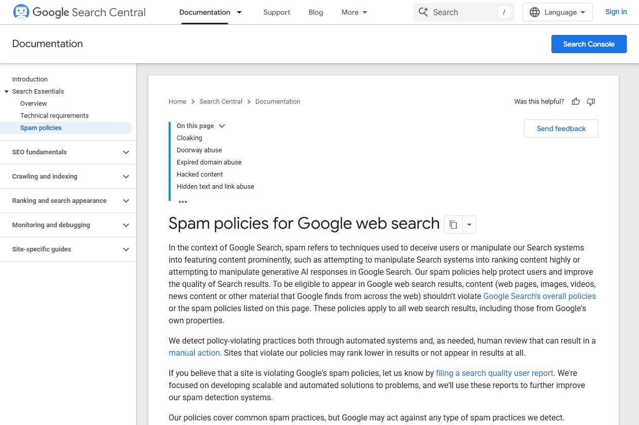 Google Search Central spam policies page defining spam as techniques used to deceive users or manipulate Search systems, including attempts to manipulate generative AI responses