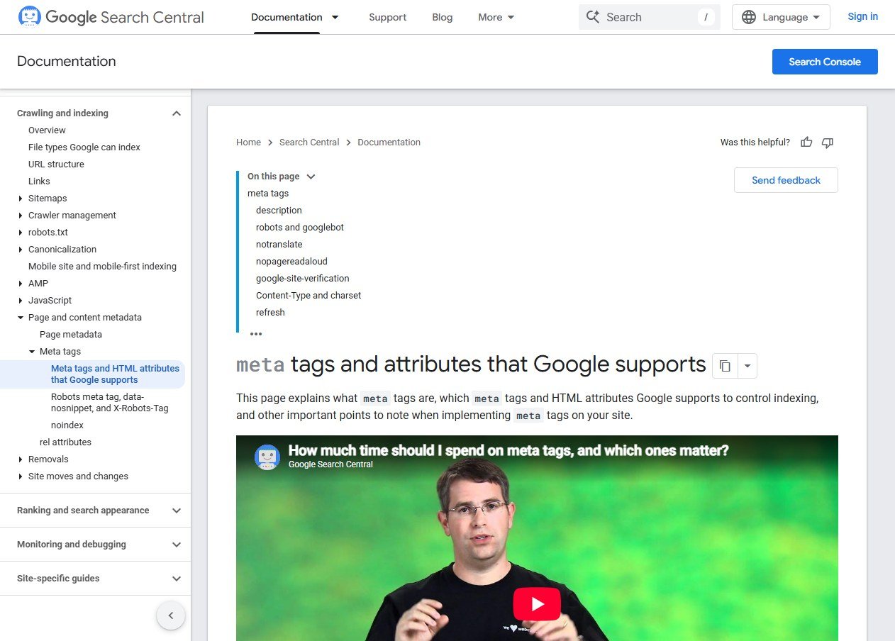 Google Search Central documentation page titled meta tags and attributes that Google supports, with a contents list including description, robots and googlebot, notranslate, google-site-verification, Content-Type and charset, and refresh