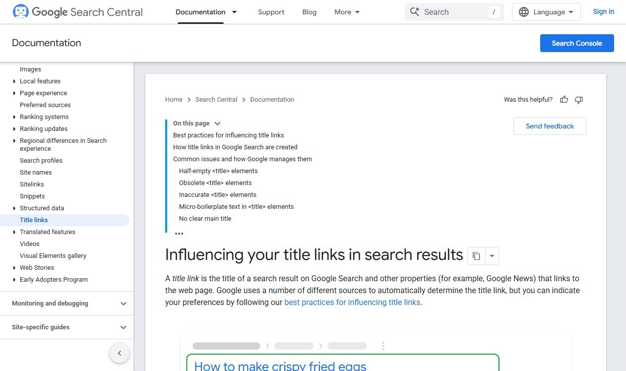 Google Search Central documentation page explaining how title links are generated and when Google rewrites them