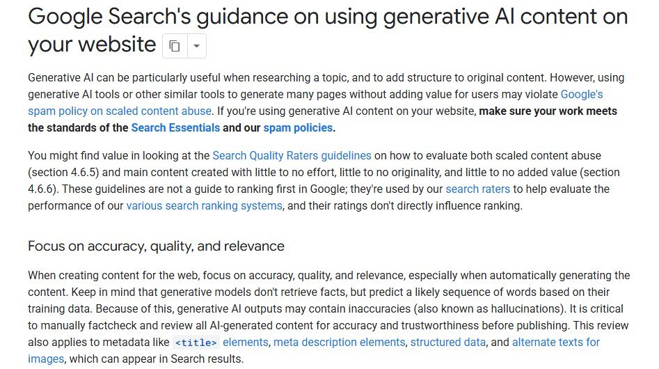 Google Search Central page titled Google Search's guidance on using generative AI content on your website, with the section Focus on accuracy, quality, and relevance