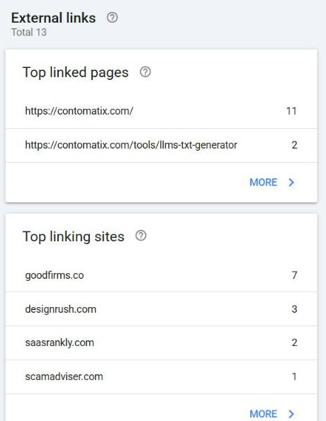 Google Search Console Links report for contomatix.com showing 13 external links, top linked pages with the homepage at 11 and the llms.txt generator at 2, and four top linking sites
