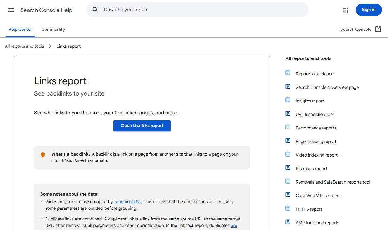 Google Search Console help page for the Links report explaining what a backlink is and how the data is grouped