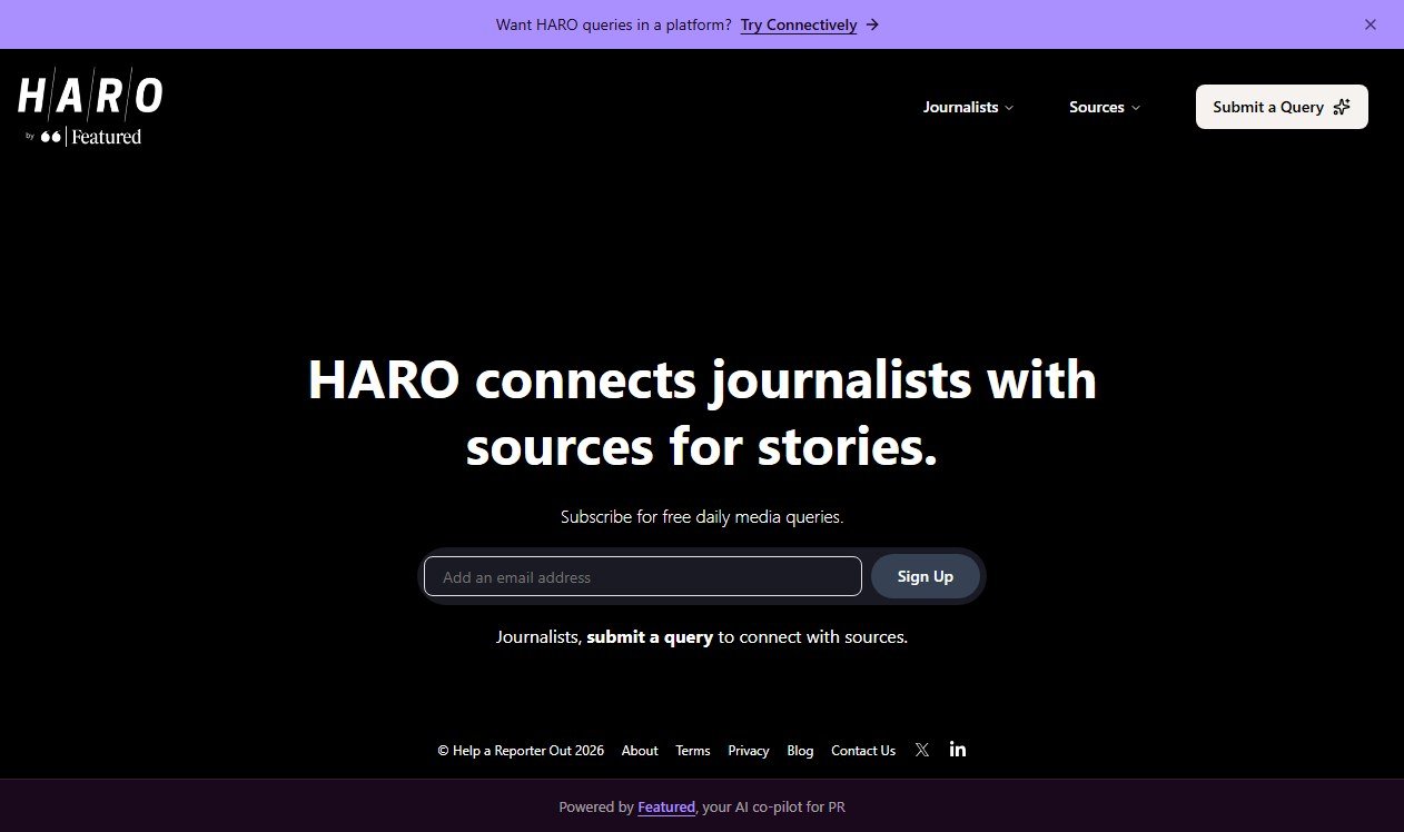 HARO homepage in 2026 showing it is powered by Featured and offers free daily media queries