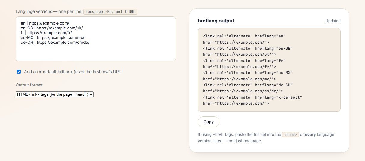 Contomatix hreflang generator with five language versions producing a complete set of link tags including x-default