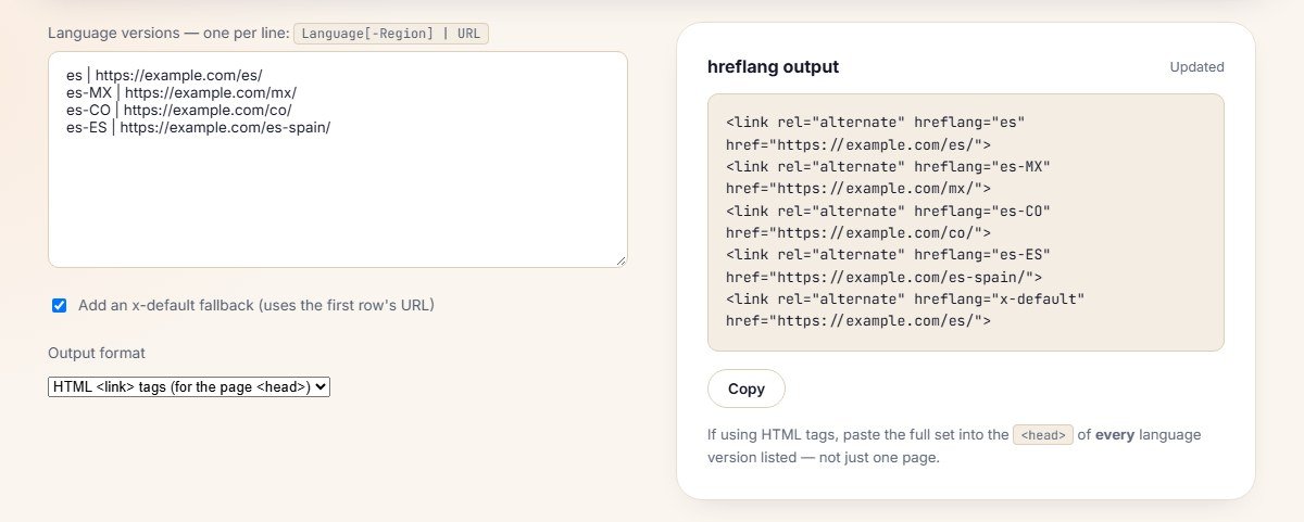 Contomatix hreflang generator tool producing correct reciprocal HTML hreflang tags for es, es-MX, es-CO, and es-ES Spanish-language markets