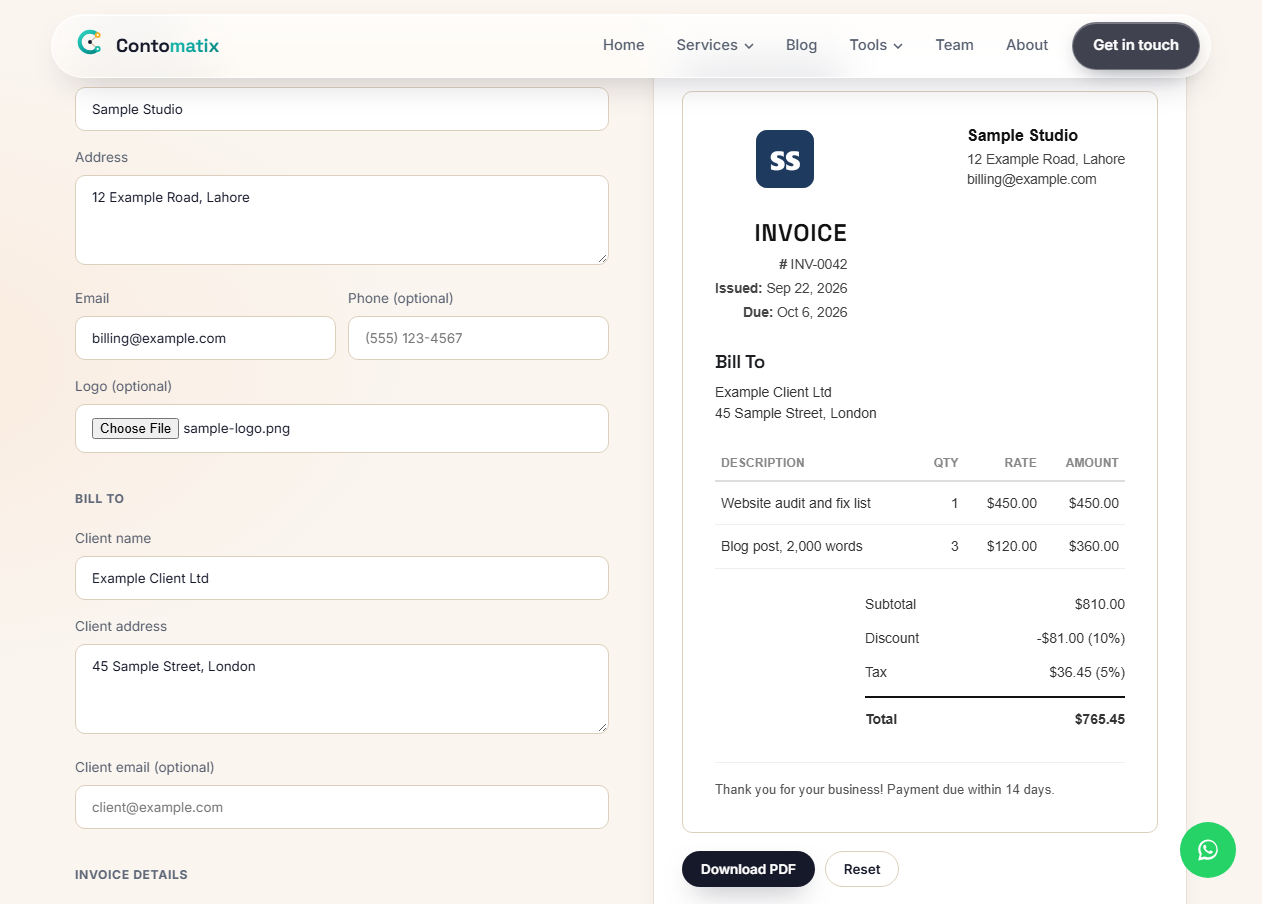 Contomatix free invoice generator form filled with sample business and client details next to the live invoice preview