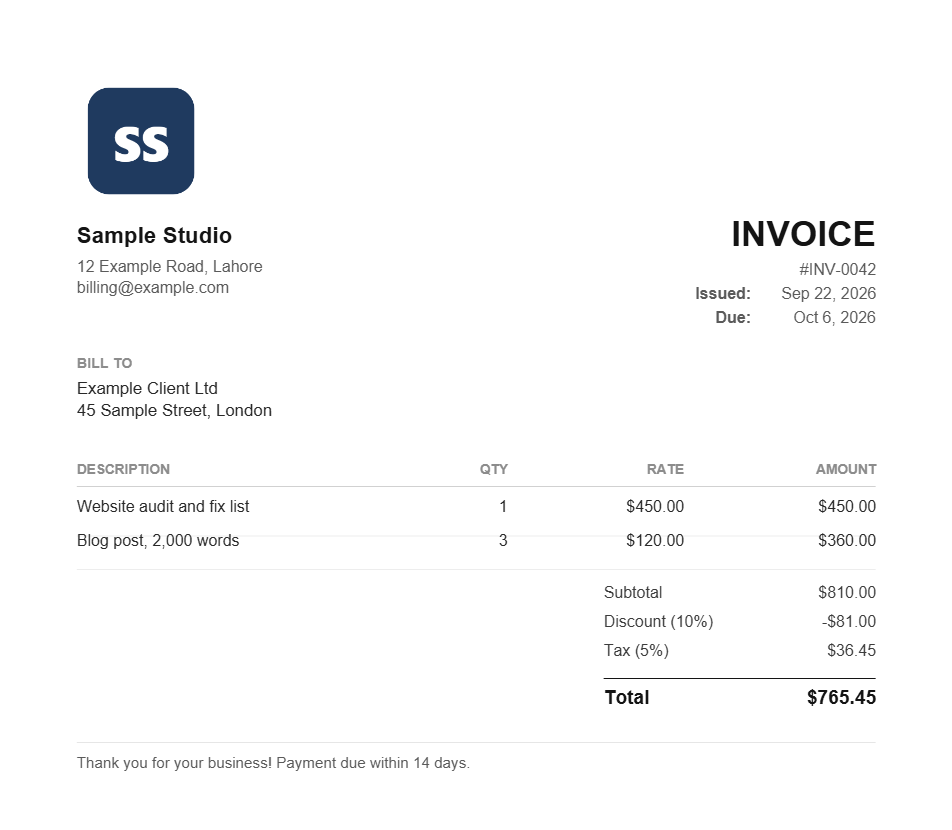 The downloaded PDF invoice showing a sample logo, business details, bill-to address, two line items and a total of 765.45 dollars