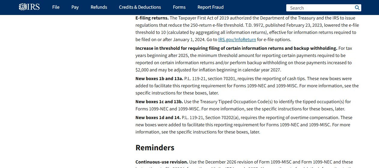 IRS instructions for Forms 1099-MISC and 1099-NEC showing the reporting threshold increase to 2,000 dollars