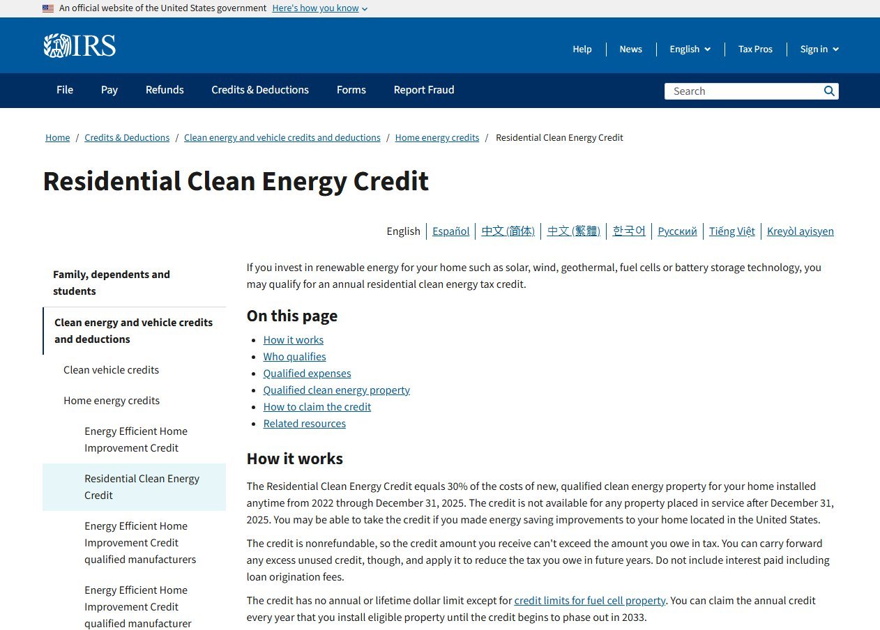 IRS Residential Clean Energy Credit page explaining how the credit works for solar and battery storage and stating it is not available for property placed in service after December 31, 2025