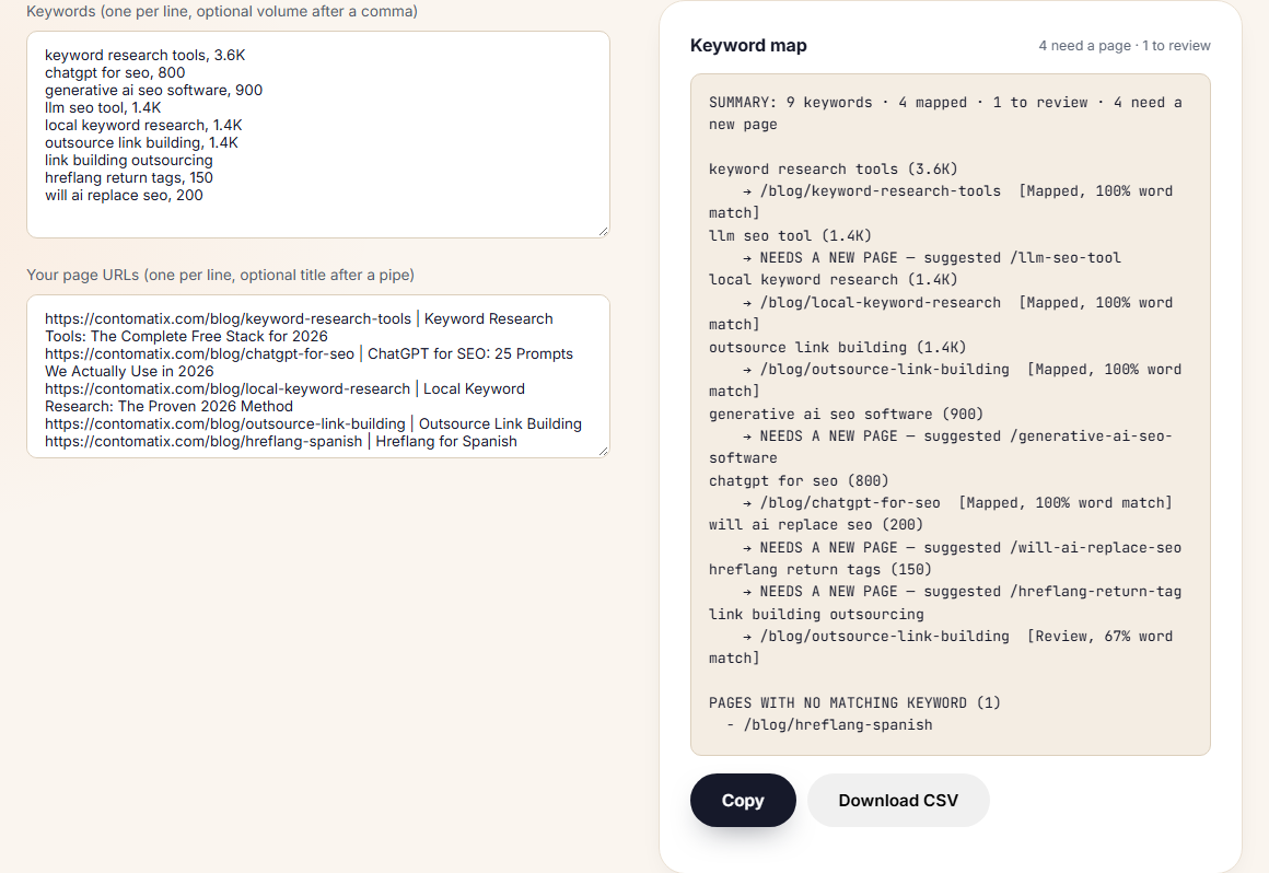 Contomatix keyword mapping tool with nine keywords and five page URLs entered, showing which keywords map to existing posts and which need a new page