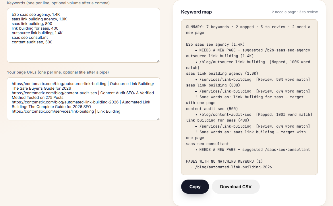 Contomatix keyword mapping tool with SaaS keywords such as b2b saas seo agency and saas link building and four existing pages entered, showing which keywords map to a page and which need a new page