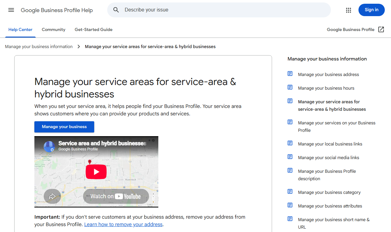 Google Business Profile Help page on managing service areas for service-area and hybrid businesses