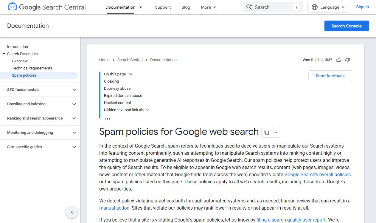 Google Search Central spam policies page listing doorway abuse