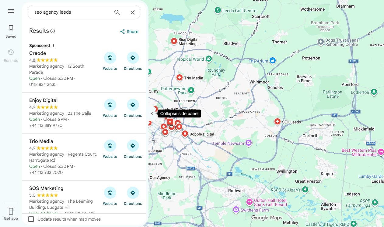 Live Google Maps results for seo agency leeds showing agency listings with ratings and a map of Leeds