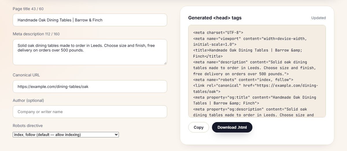 Contomatix meta tag generator with a page title, meta description and canonical URL filled in, producing a ready-to-paste block of head tags with charset, viewport, title, description, robots, canonical and Open Graph tags