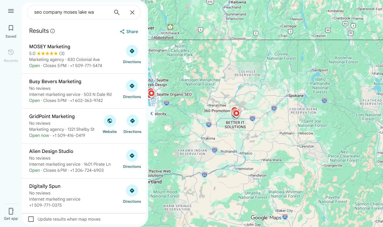 Live Google Maps results for seo company moses lake wa showing local marketing businesses